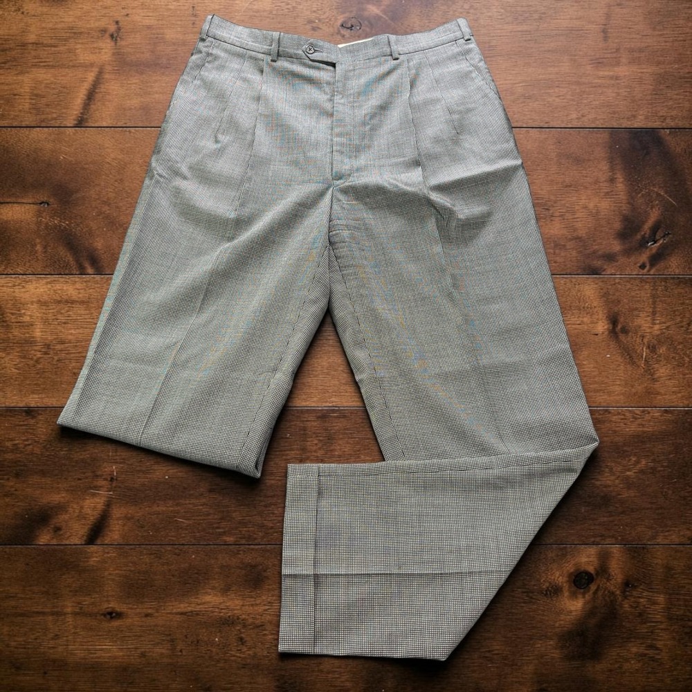 Vintage USA JB Britches Mens W38xL33 Wool Pleated Houndstooth Dress Pants Grey
